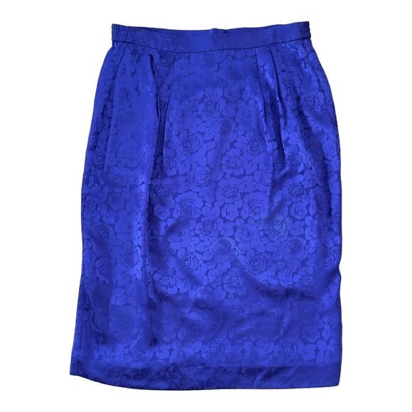 Vintage Silk Pencil Skirt Indigo Purple Lined Rose Zip Elastic Waist Women 4 - Picture 1 of 6